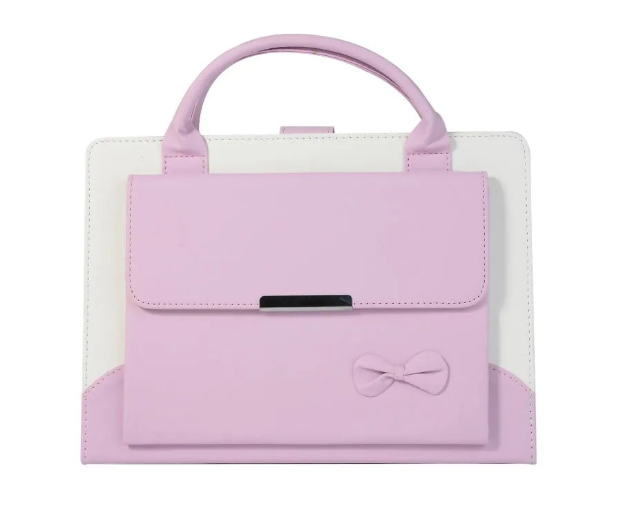 iPad case in black imitation leather with wallet style and bow handbag detail, compatible with iPad Air Pro Mini