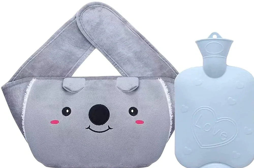 Winter water bottle belt with brown bear removable cover showing hand warmer pocket and large thread stopper