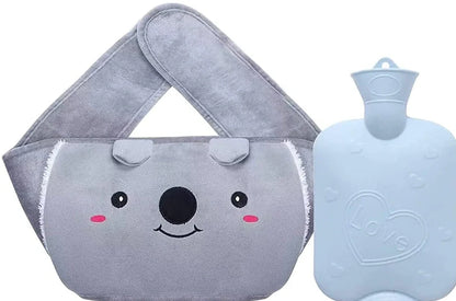 Winter water bottle belt with brown bear removable cover showing hand warmer pocket and large thread stopper