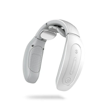Compact intelligent cervical massager in red or white with 3 massage contact points.