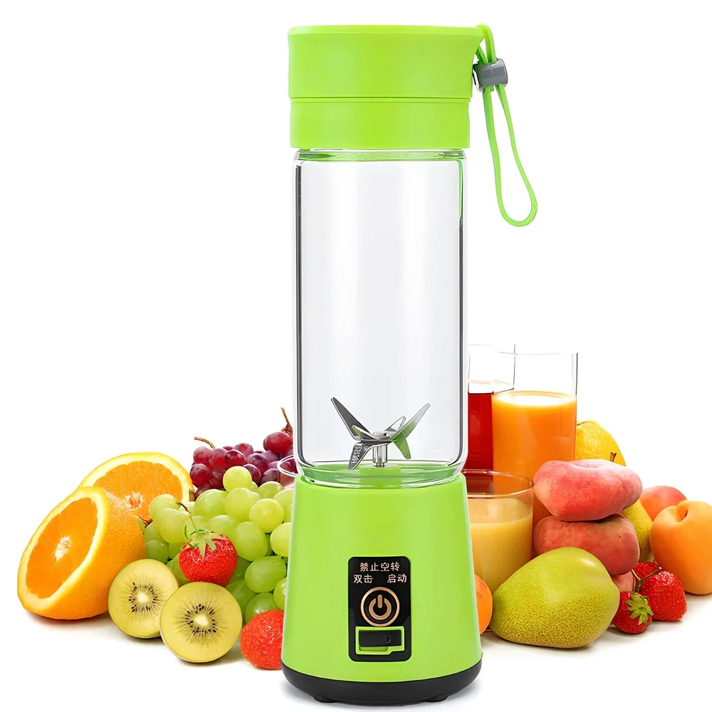 Portable blender with 400ml transparent cup, USB charging port, and 6 stainless steel blades