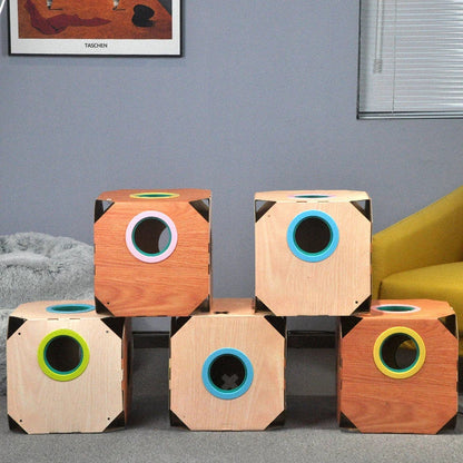 DIY multi-purpose cat hideaway box with cardboard construction and hair removal features