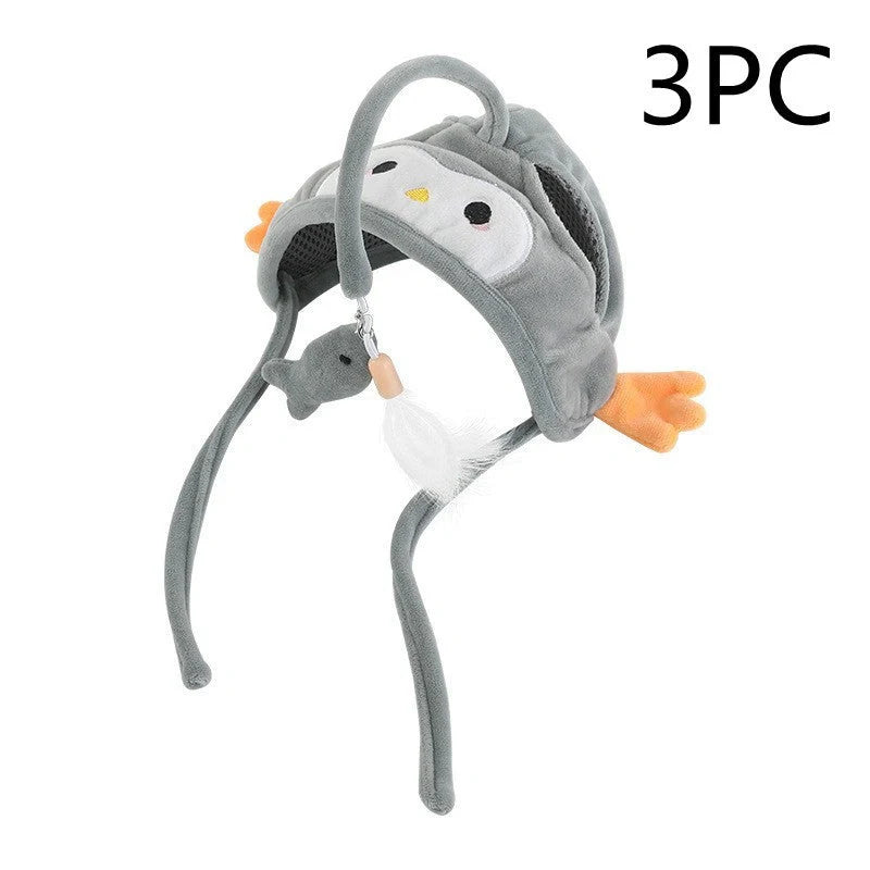 Adjustable head-wearing feather cat toy stick in various colors for indoor play