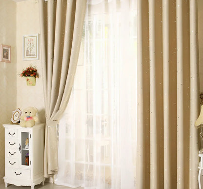 Star print perforated curtain in blue, cream, green, navy blue, or pink with 100% acrylic fibre construction