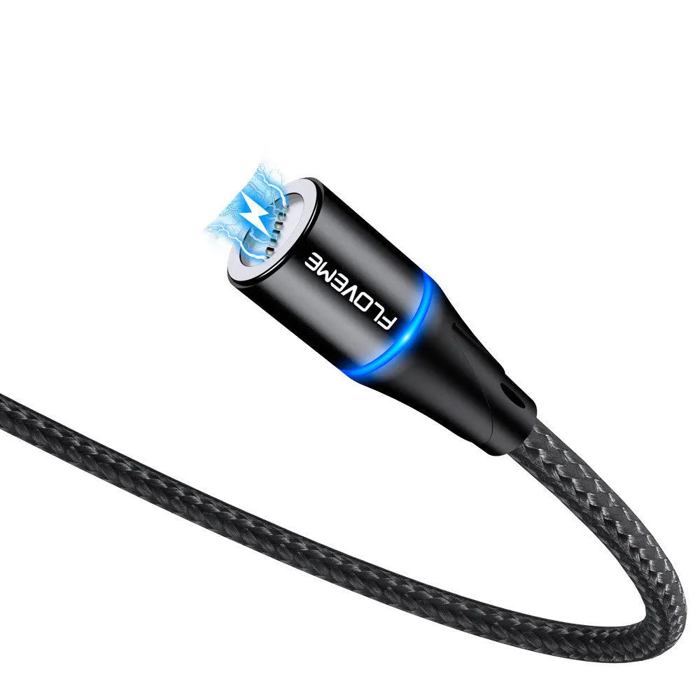 Black magnetic fast charge data cable with LED light and Type-C connector on a white background.