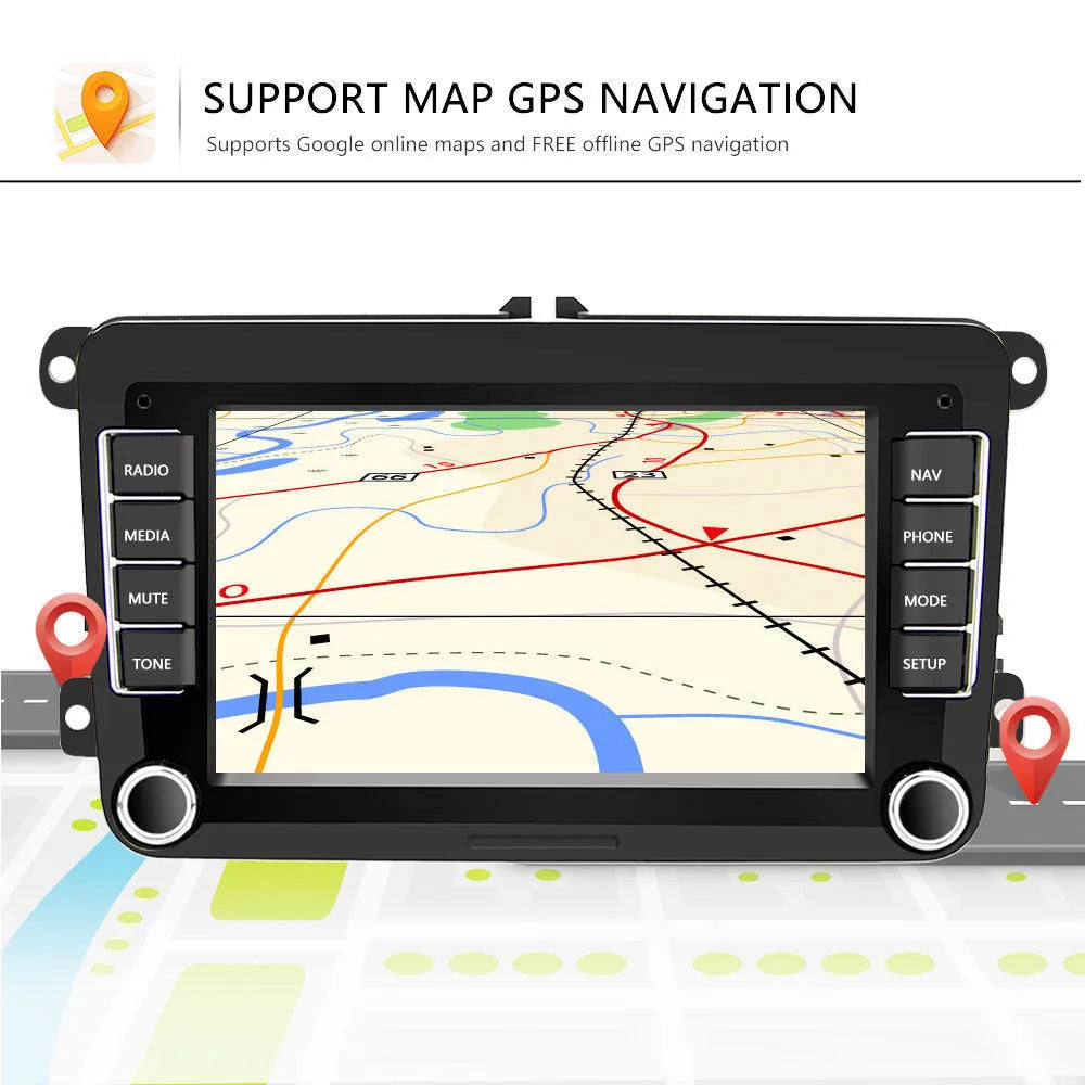 Volkswagen universal 7-inch Android car stereo head unit with touchscreen displayed.