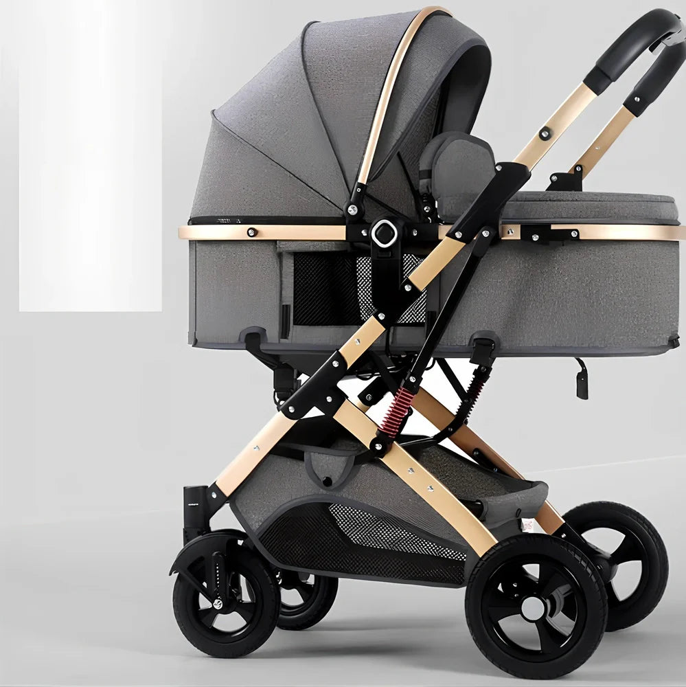 Two-way reversible baby stroller with aluminium frame and rubber wheels in dark blue colour