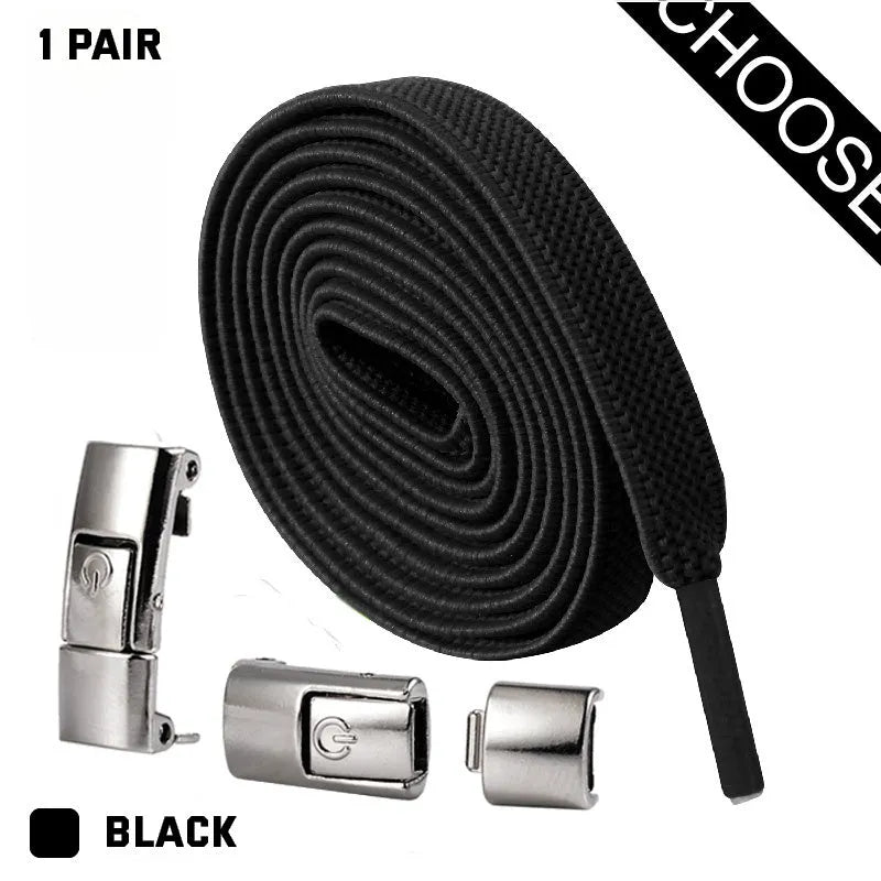 A pair of black widened flat elastic shoelaces with a silver press lock buckle on a white background.