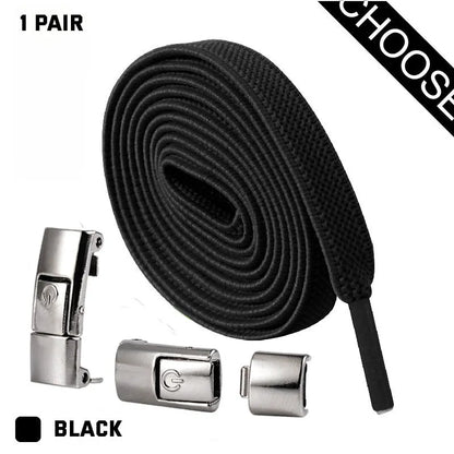A pair of black widened flat elastic shoelaces with a silver press lock buckle on a white background.
