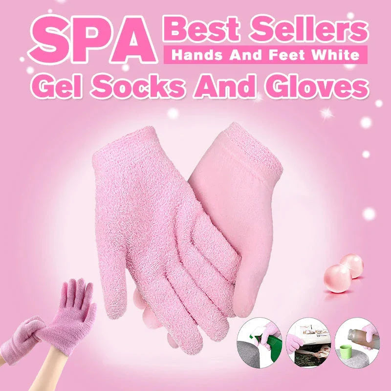 Premium moisturizing spa gloves and socks with vitamin E and essential oils to soften and rejuvenate dry, cracked skin on hands and feet