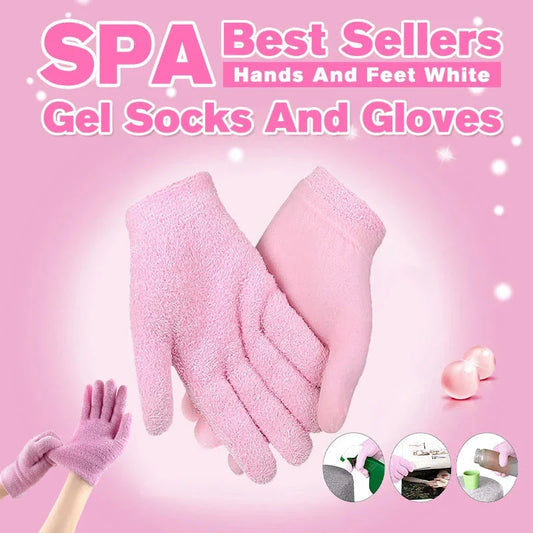 Premium moisturizing spa gloves and socks with vitamin E and essential oils to soften and rejuvenate dry, cracked skin on hands and feet