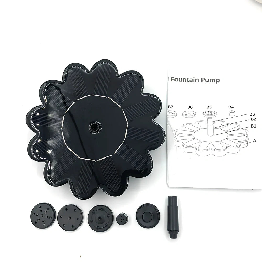 Black solar garden sprinkler with 160mm diameter panel showing adjustable 35-65cm spray height for plant watering