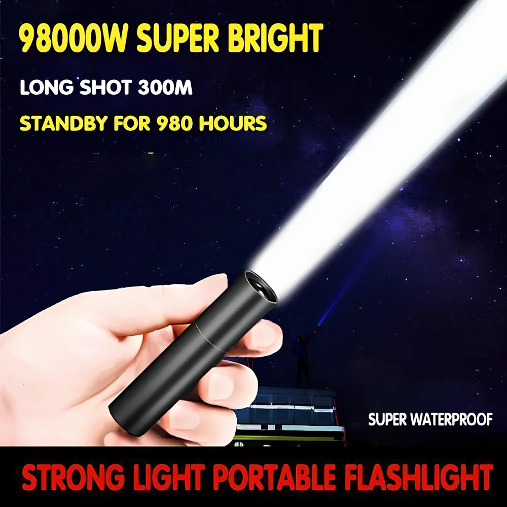 Black aluminium alloy USB rechargeable flashlight with 300m beam range measuring 8.5x2x2cm