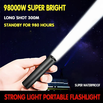 Black aluminium alloy USB rechargeable flashlight with 300m beam range measuring 8.5x2x2cm