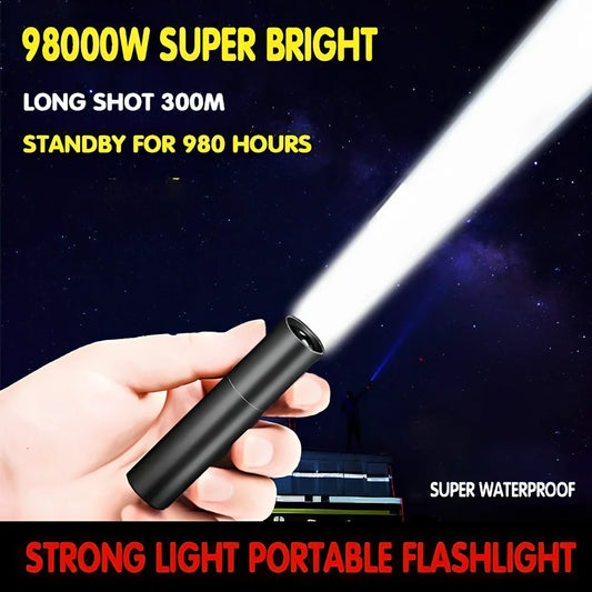 Black aluminium alloy USB rechargeable flashlight with 300m beam range measuring 8.5x2x2cm