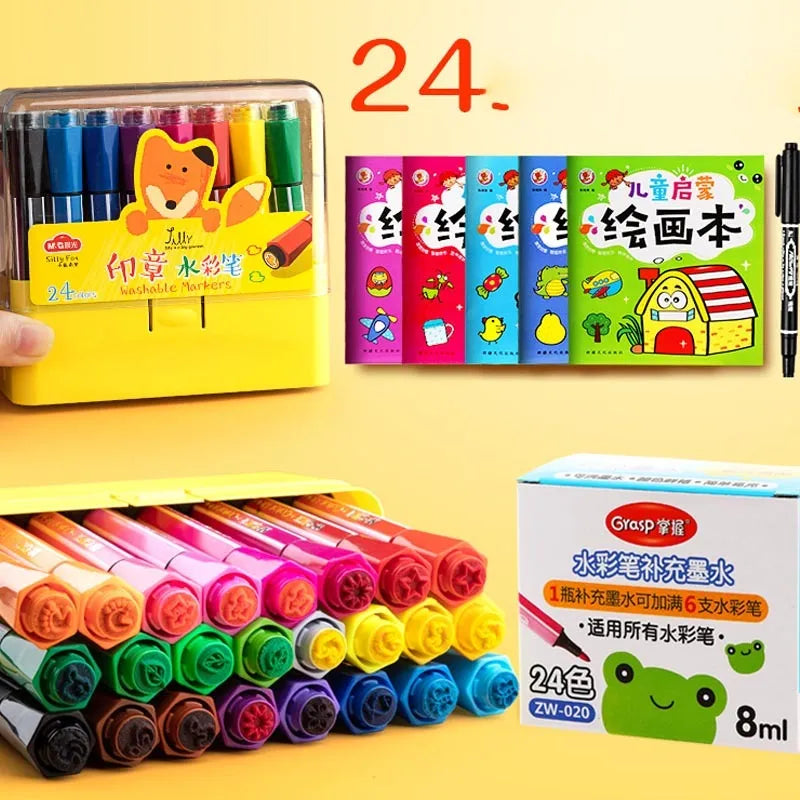 Set of washable painting brushes with hexagonal blue, pink, and yellow handles.