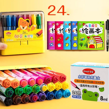 Set of washable painting brushes with hexagonal blue, pink, and yellow handles.