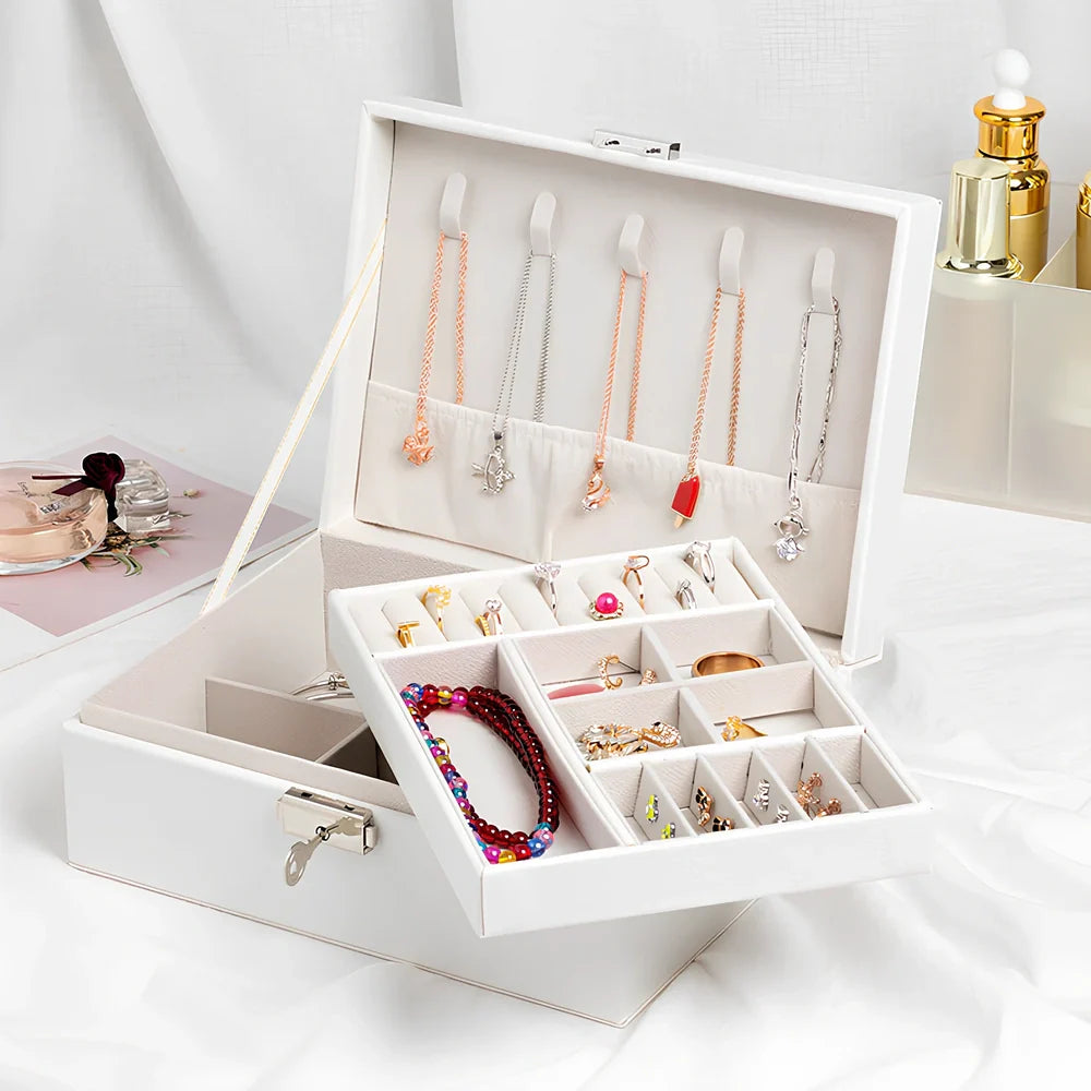 Wooden leather jewellery box with multiple compartments measuring 23×17.5×9.8cm