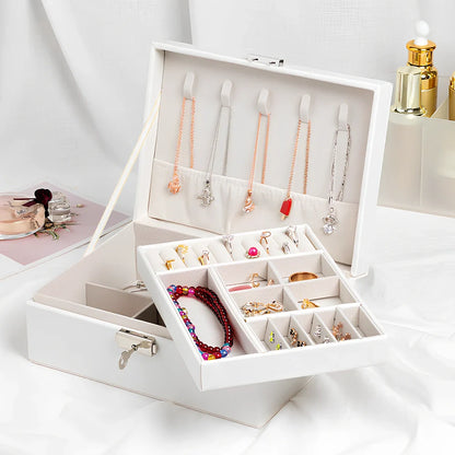 Wooden leather jewellery box with multiple compartments measuring 23×17.5×9.8cm