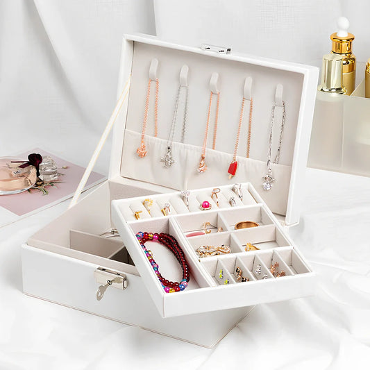 Wooden leather jewellery box with multiple compartments measuring 23×17.5×9.8cm