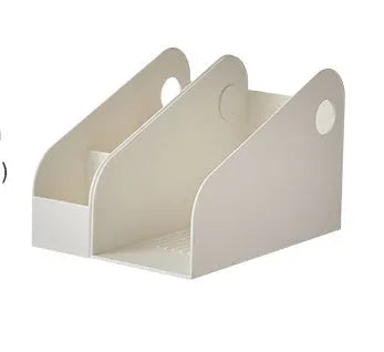 Two-tier plastic desktop storage box in milk coffee colour, dimensions 14.5x17x22cm