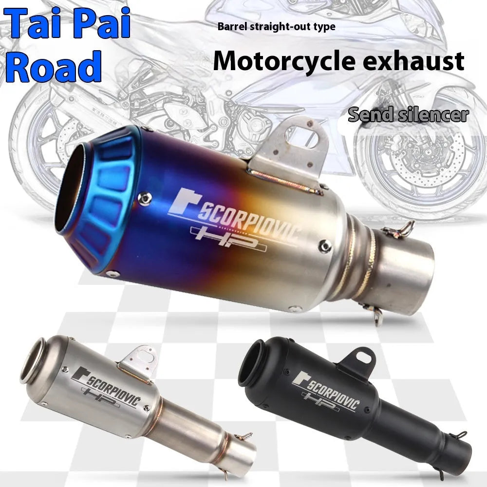 Universal stainless steel motorcycle exhaust pipe with decorative flower cover in black, titanium, half blue, or colourful finish