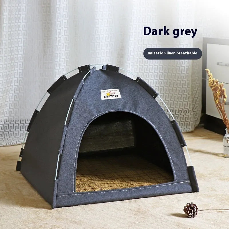 Grey linen-like fabric pet tent for cats and small to medium-sized dogs on a wooden floor.