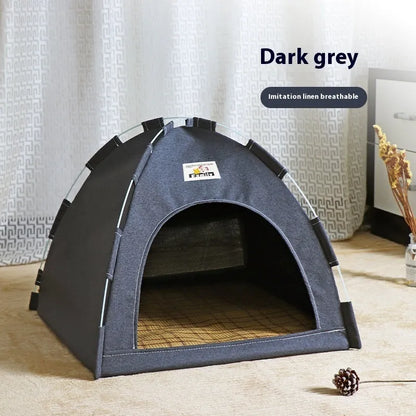 Grey linen-like fabric pet tent for cats and small to medium-sized dogs on a wooden floor.