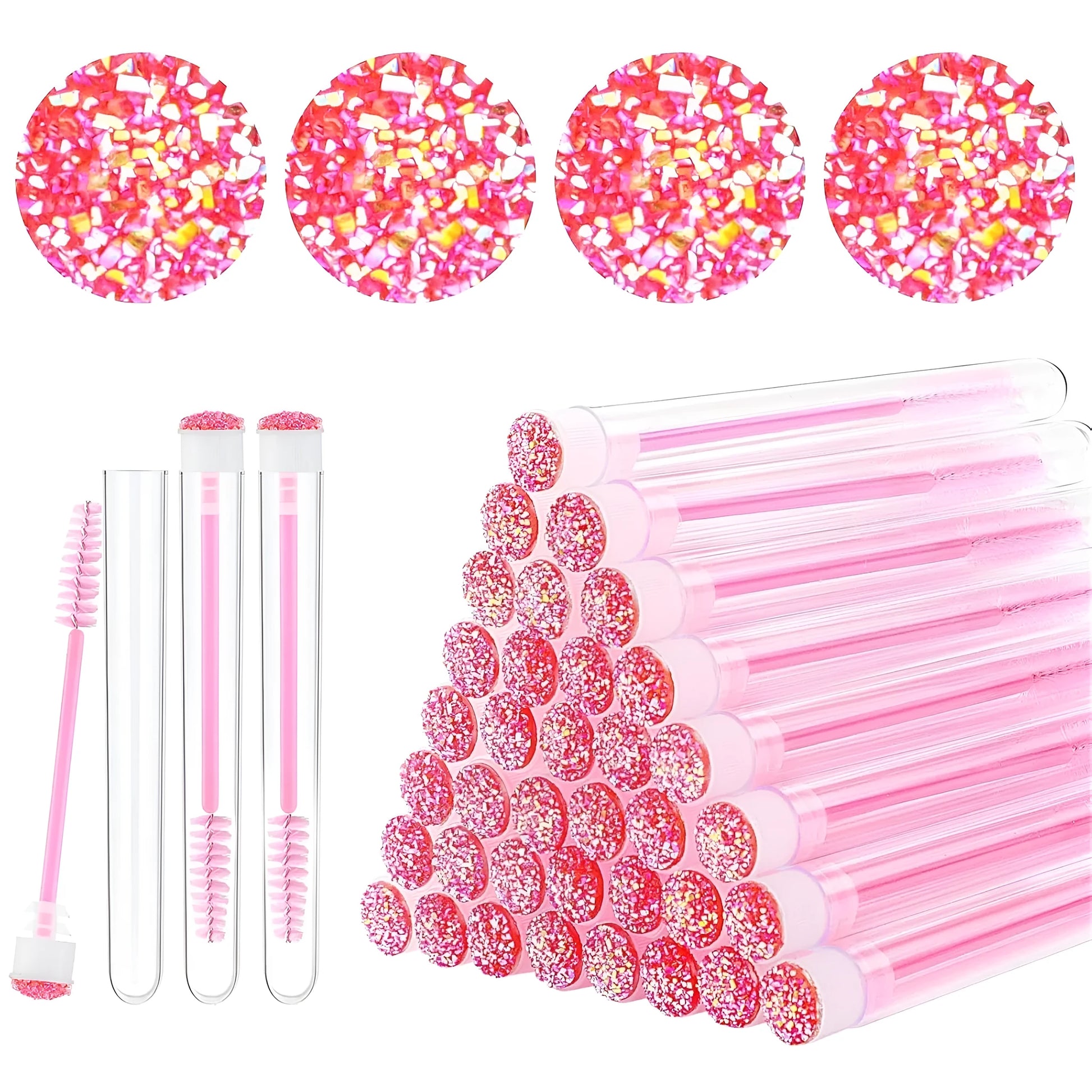 Disposable eyelash brushes in plastic storage tubes with spiral brush heads in four colours