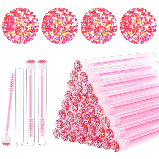 Disposable eyelash brushes in plastic storage tubes with spiral brush heads in four colours