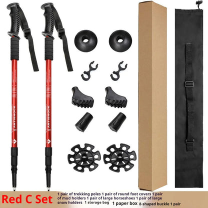Aluminium alloy telescopic trekking pole extended with straight handle, shown with accessory tips including foot cover and snow holder.