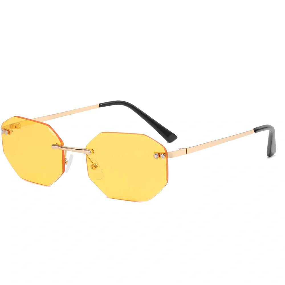 Frameless polygon glasses with geometric pattern lenses and gold frame in multiple colour options
