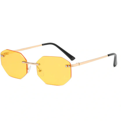 Frameless polygon glasses with geometric pattern lenses and gold frame in multiple colour options
