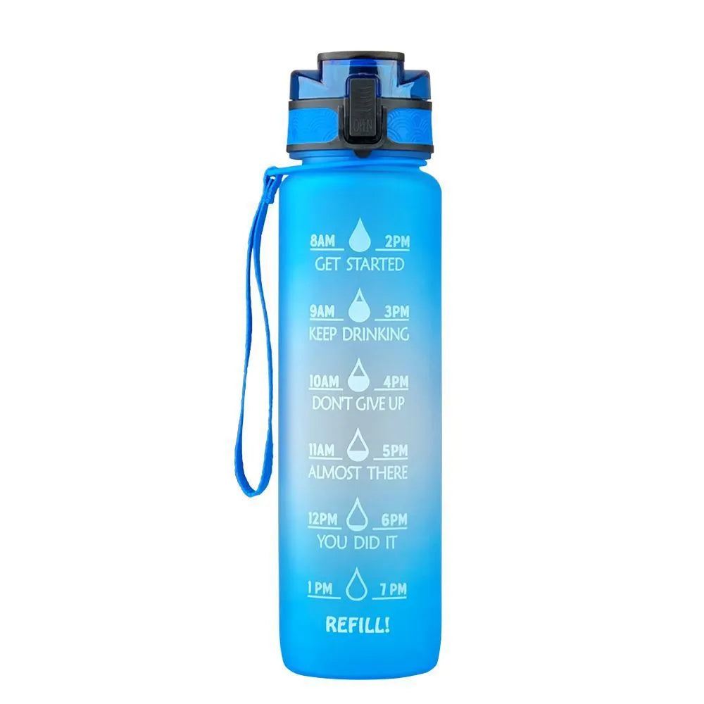 Transparent 1000ml Tritan sports water bottle with infuser on a plain background