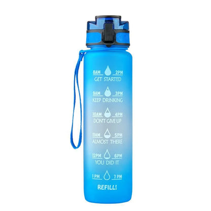Transparent 1000ml Tritan sports water bottle with infuser on a plain background