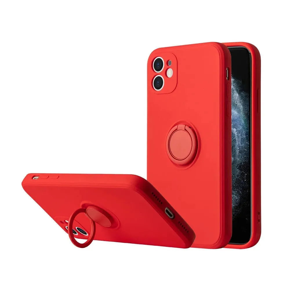 Liquid silicone case with rotating ring bracket for Apple iPhone 12 on a table, shown in green colour.