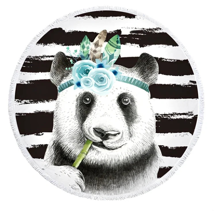Round blue beach towel with panda design showing 140cm diameter and cushion roll function
