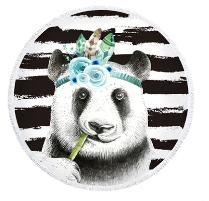 Round blue beach towel with panda design showing 140cm diameter and cushion roll function