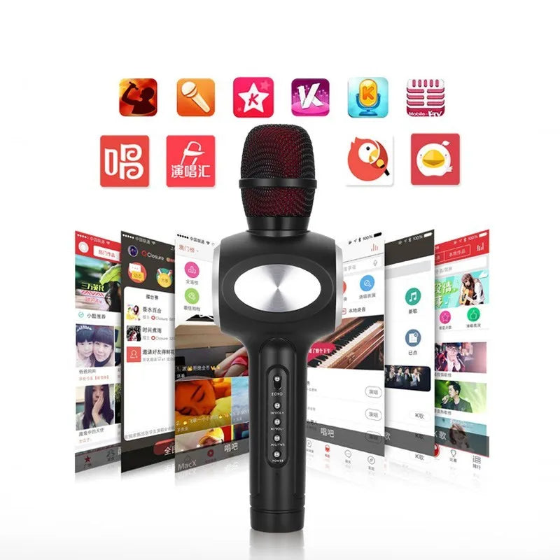 Yaerjia E108 wireless mobile microphone in black, gold, or pink colour with capacitive pickup and 5W speaker output