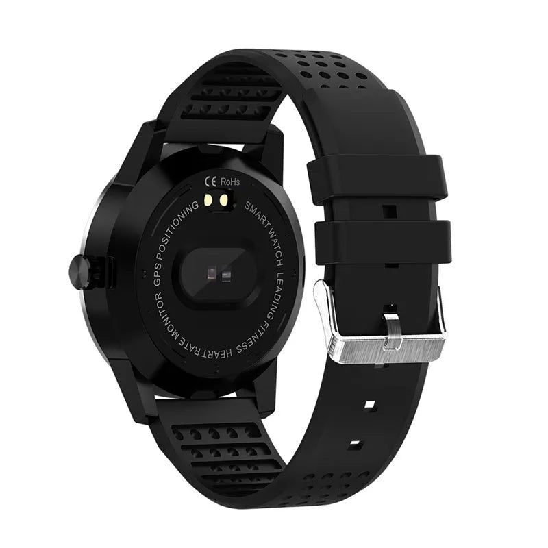 Black smart bracelet with colour screen displaying heart rate and fitness data on a wrist