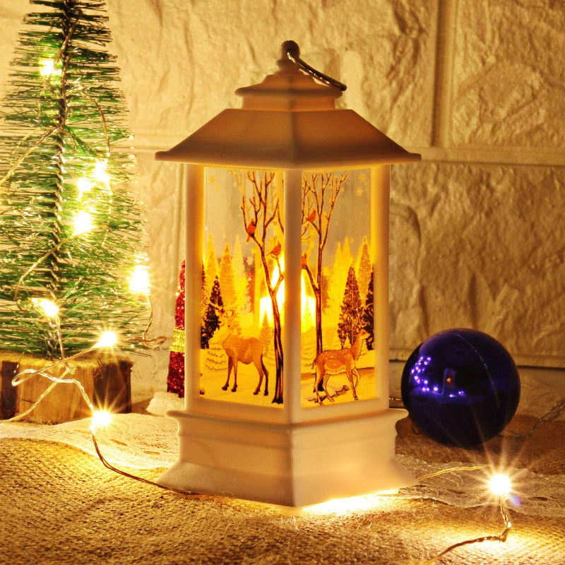 Festive LED Christmas lanterns with Santa Claus, snowman, and other holiday-themed designs