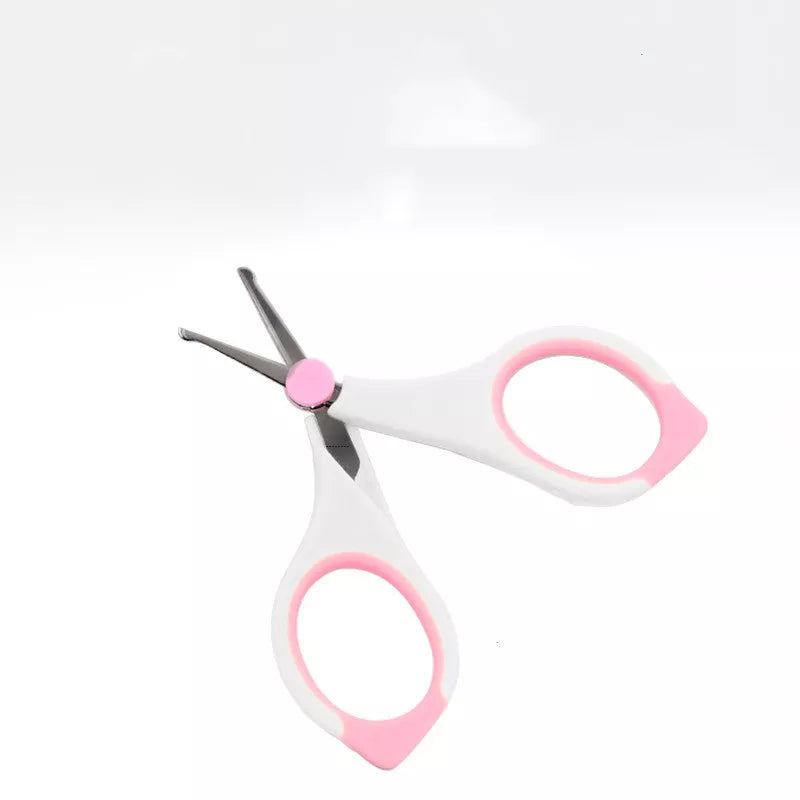 Five-piece child safety nail clippers with ergonomic grip in green, purple, and pink