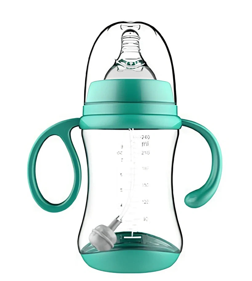 Baby feeding bottle with curved double handles in blue or pink, showing wide caliber opening and transparent PP construction