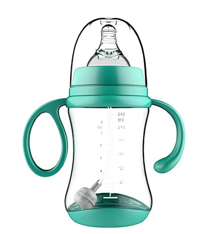 Baby feeding bottle with curved double handles in blue or pink, showing wide caliber opening and transparent PP construction