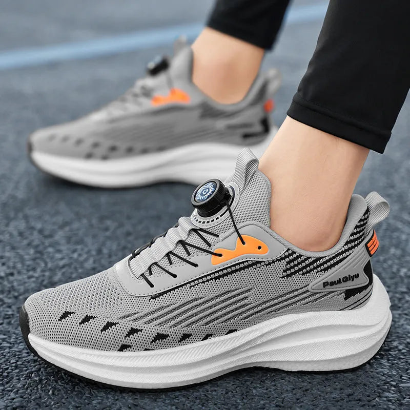 Men's white green and grey rotating buckle Fly-kit mesh casual sports running shoes on a flat sole.