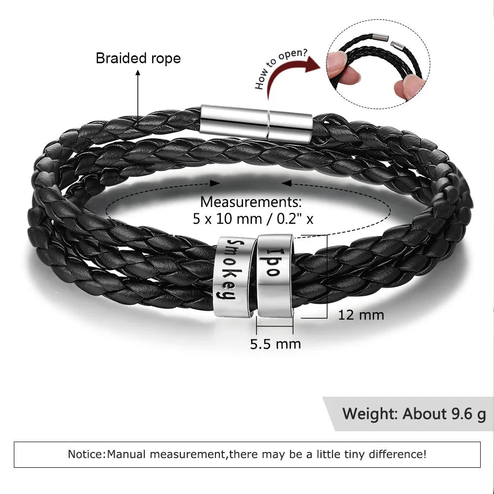 Personalized men's braided leather bracelet with stainless steel beads and custom name charm