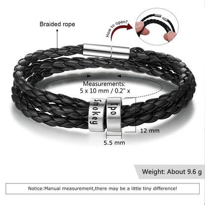 Personalized men's braided leather bracelet with stainless steel beads and custom name charm