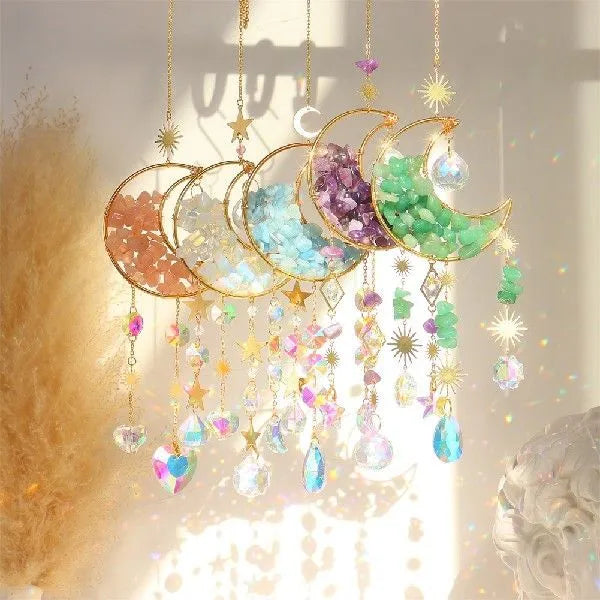 Moon-shaped crystal pendant for car interior with 100mm K9 crystal and 420mm metal chain