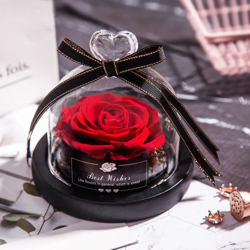 LED eternal real rose preserved in a glass dome home decor with colour options.