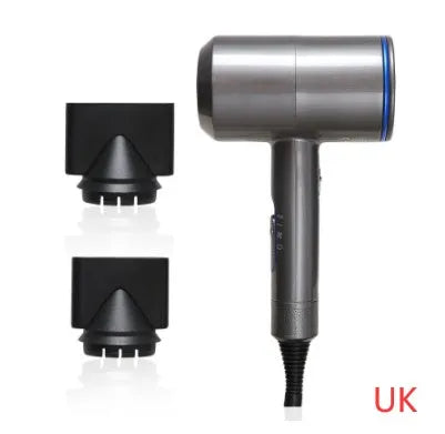 Black hotel hair dryer with 2.5m cable, concentrator nozzle, and multiple international plug adapters